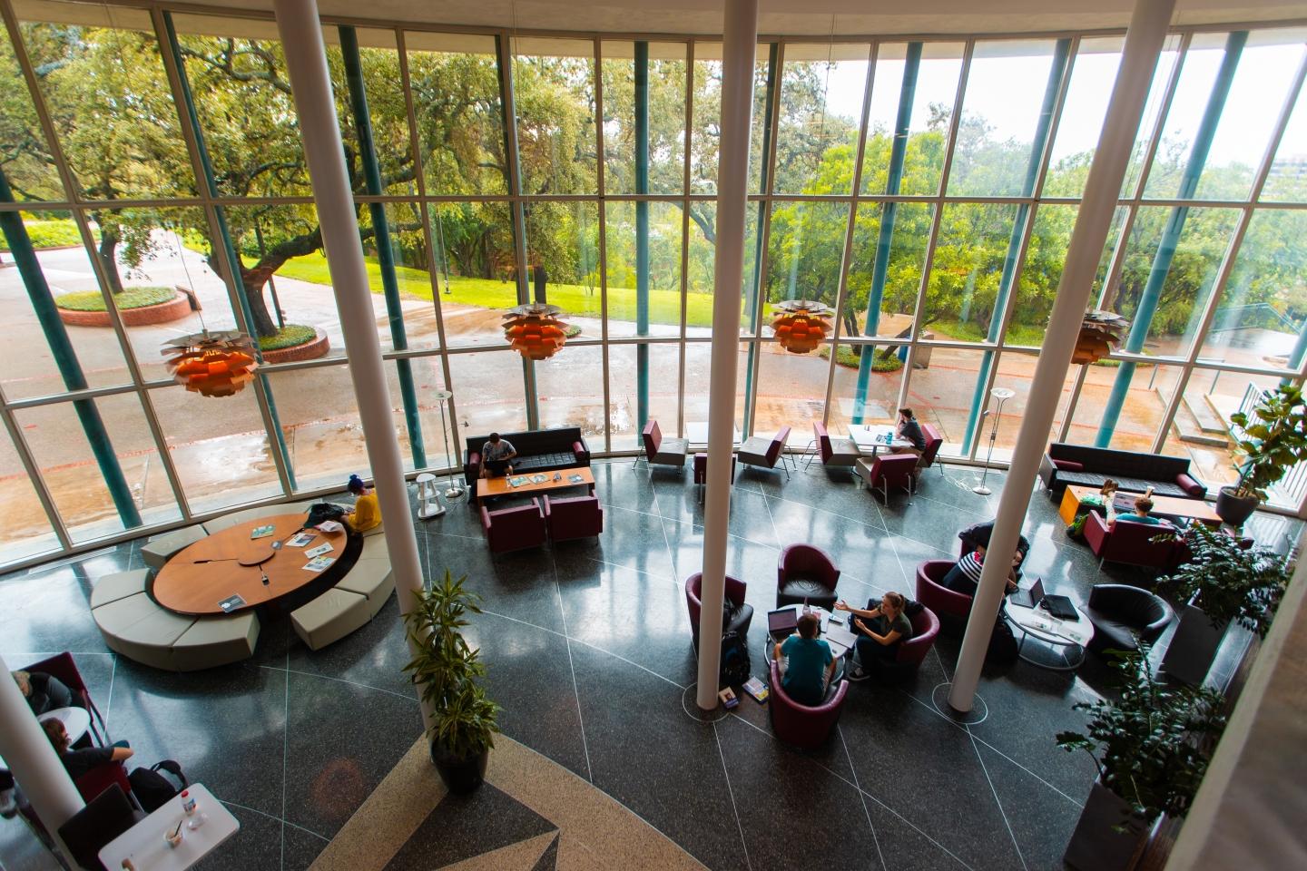 view of the Coates Student Center lounge area from the second story balcony